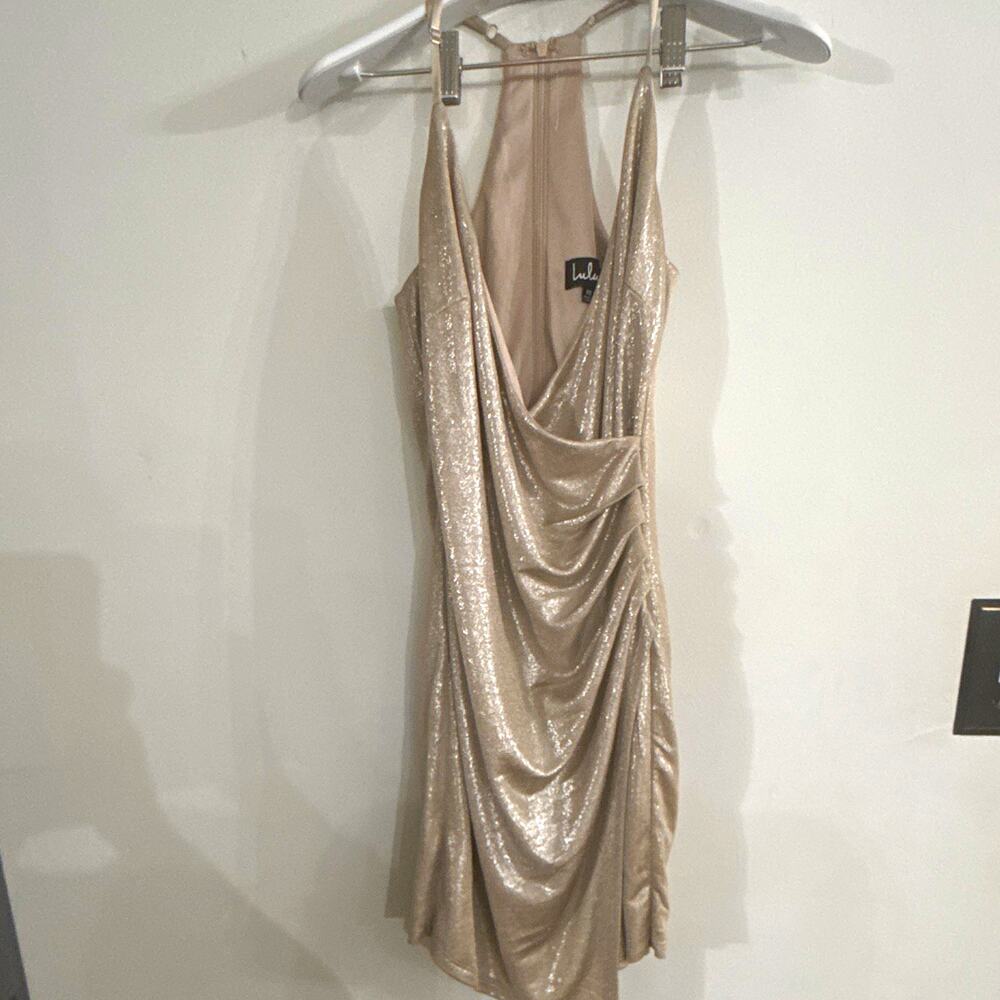 Lulus Gold Solid Glitter Mini Dress Cowl Neck Ruched Sleeveless Strappy XS